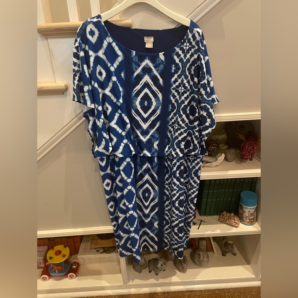Chico’s size 4 blue and white dress with elastic waist band.  Great material